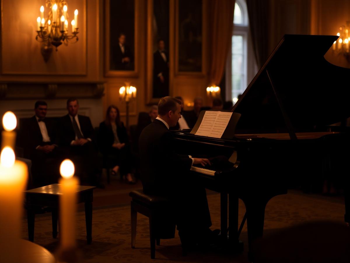 Resident pianist performing in the salon